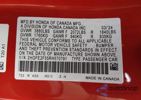 2024 Honda Civic Sport from USA, damaged, VIN 2HGFE2F55RH570791